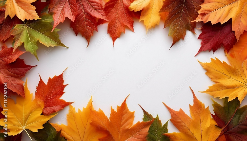 Fototapeta premium autumnal maple leaves on a white background with space for text top view flat lay