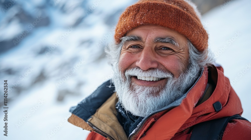 Cheerful senior arab man smiling widely while enjoying the stunning snowy mountain landscape, embodying joy and vitality in winter Cheerful senior arab man smiling widely while enjoying the stunning snowy mountain landscape, embodying joy and vitality in winter