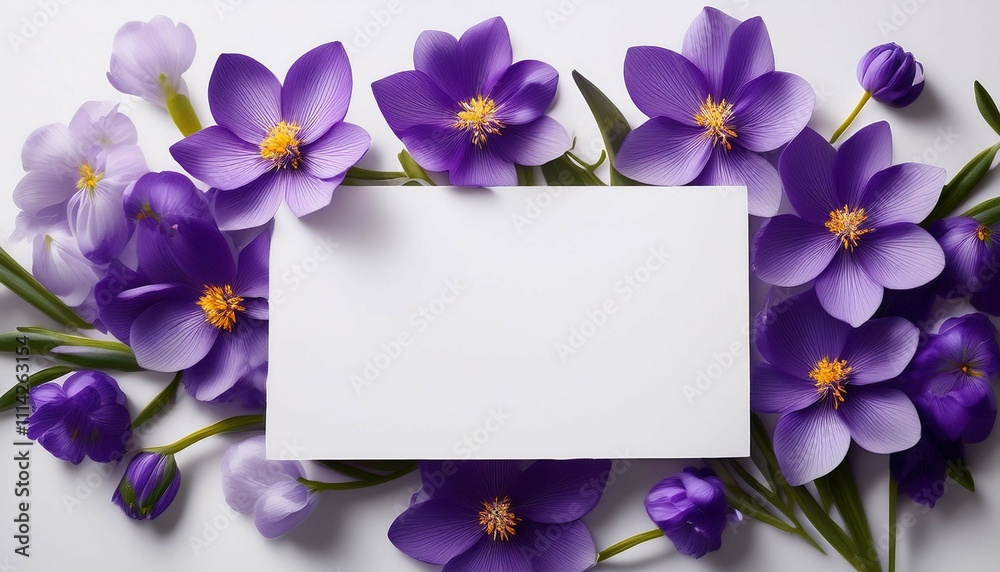 violet flowerswith white paper card note with space for text on a white background with space for text spring flowers violet flowerswith white paper card note with space for text on a white background with space for text spring flowers