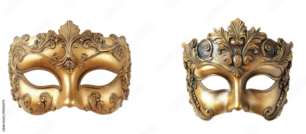 Gold masks featuring majestic detailing and sparkling accents. Their artistic design stands out in any setting