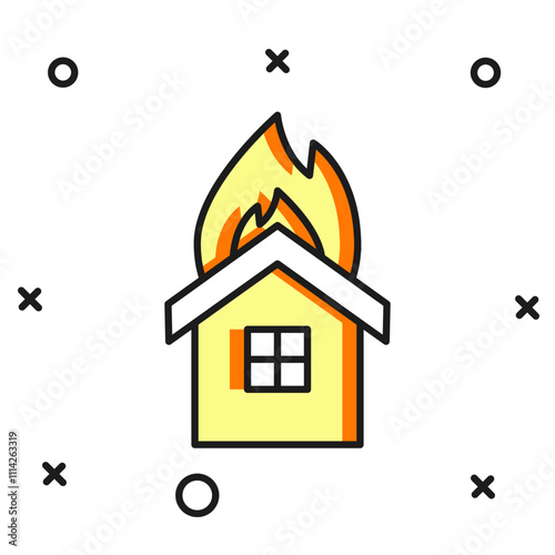 Filled outline Fire in burning house icon isolated on white background. Insurance concept. Security, safety, protection, protect concept. Flat filled outline style with shadow. Vector