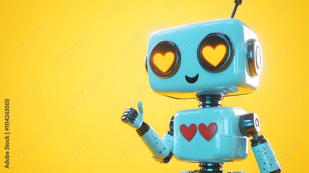 Adorable Blue Robot with Heart Eyes and Happy Face Pointing to the Top, Solid Soft Yellow Background for Playful Tech Visuals