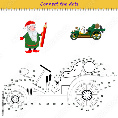 Connect the dots from 1 to 80 and draw the old auto. Trace the line between numbers. Coloring book for kids. Develop counting skills. Logic puzzle game for children. Educational page. Vector image.