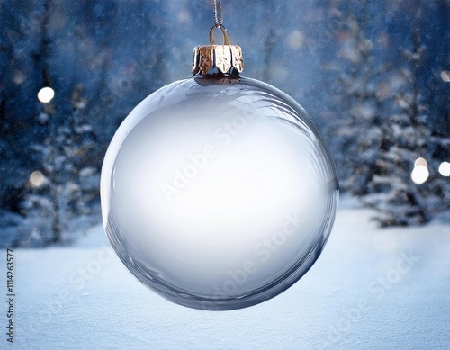 empty christmas bauble over the winter snowy background with copy space