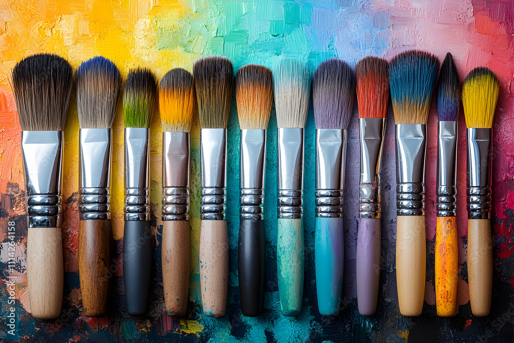Fototapeta premium Colorful paintbrushes arranged on a vibrant painted canvas.