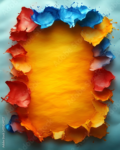Colorful paint splashes frame a blank yellow space.