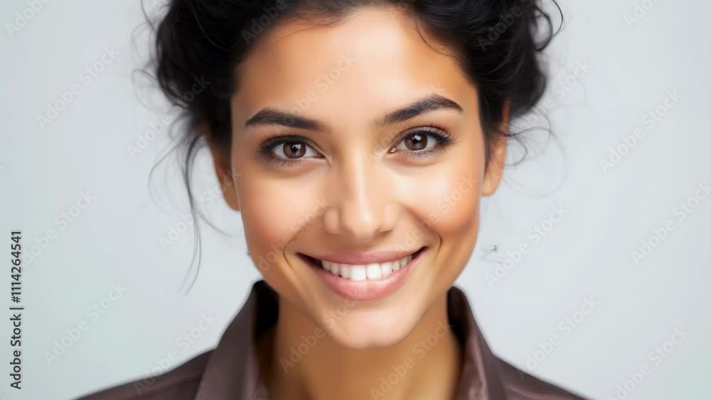 Close-up of a smiling young woman with natural features and wavy dark hair, against a soft white background. Concept of confidence and natural beauty. Close-up of a smiling young woman with natural features and wavy dark hair, against a soft white background. Concept of confidence and natural beauty.