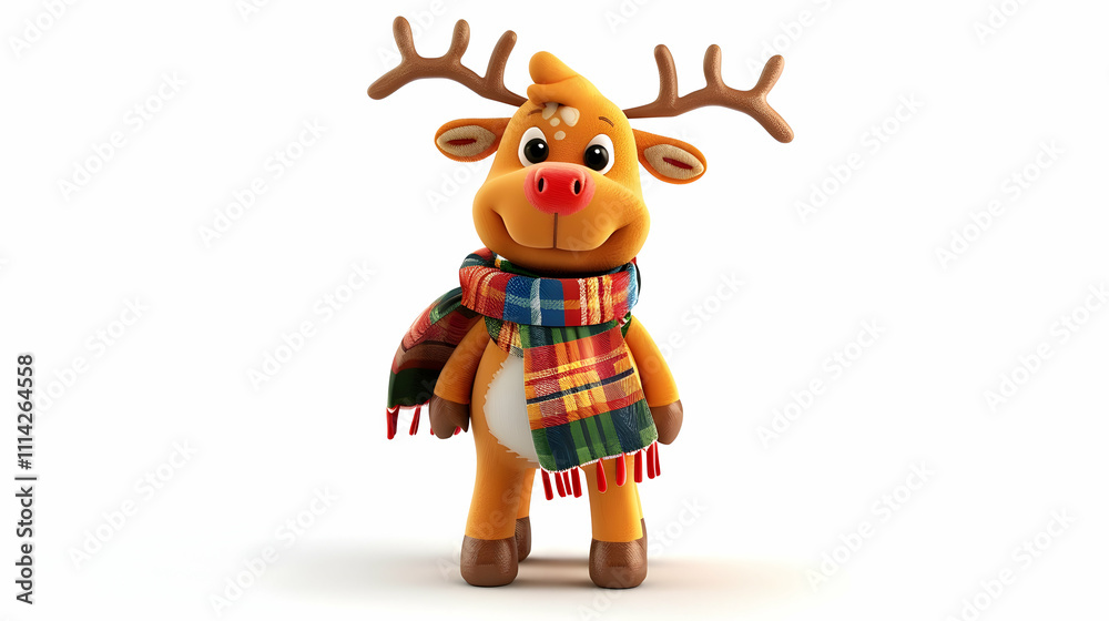 Fototapeta premium A cheerful cartoon reindeer wearing a colorful scarf, perfect for holiday-themed designs.