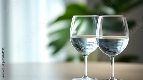 clear glassware, elegant design, close up of glasses filled with water, soft focus background