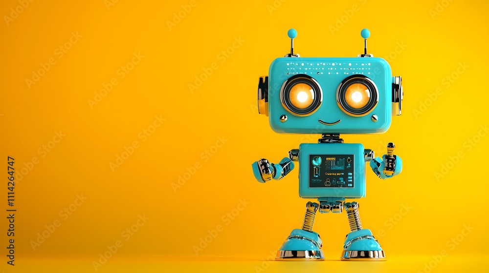 Fototapeta premium Adorable Blue Robot with Winking Face and Bright Eyes Pointing Rightward, Gradient Soft Yellow Background for Modern Marketing Concepts