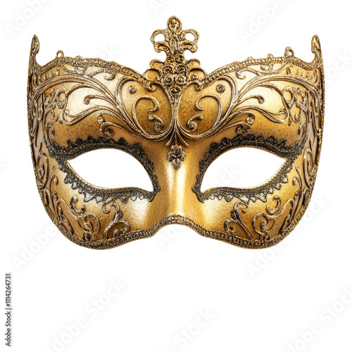 Vintage golden masquerade mask, regal design, ornamental swirls, decorative details photo