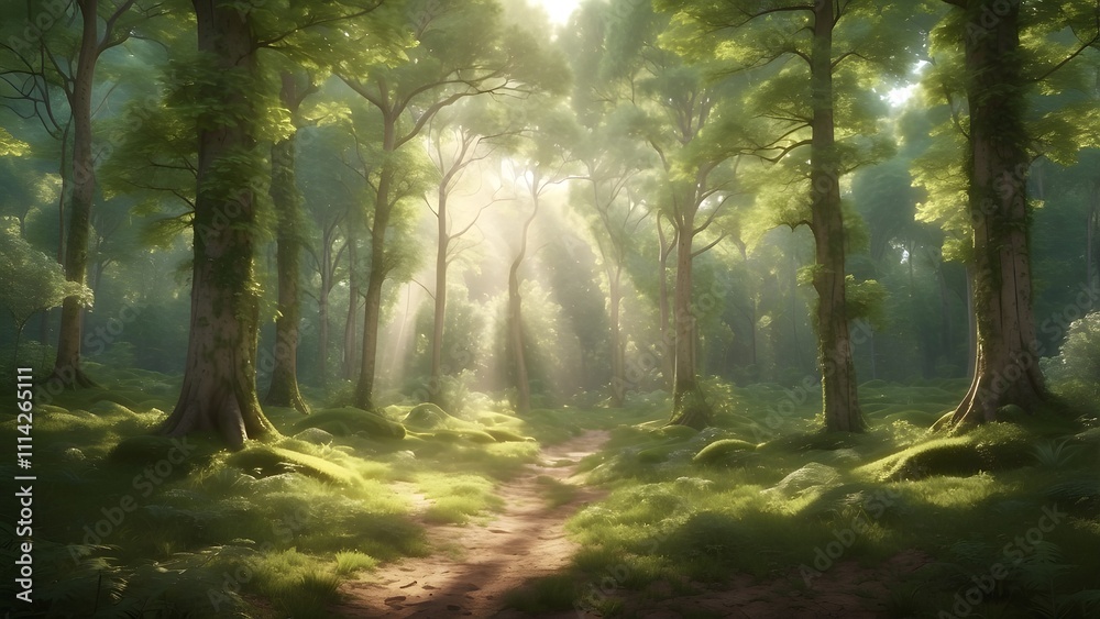 Obraz premium A picturesque forest clearing in the southwest of France, surrounded by vibrant green foliage and dappled sunlight filtering through the dense canopy above, creating a peaceful, enchanting atmosphere