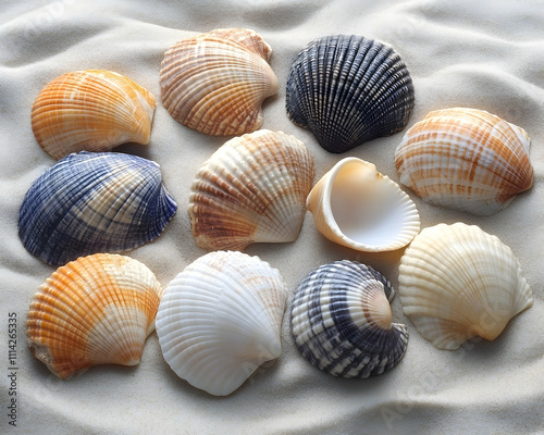 Colorful seashells arranged on sand.