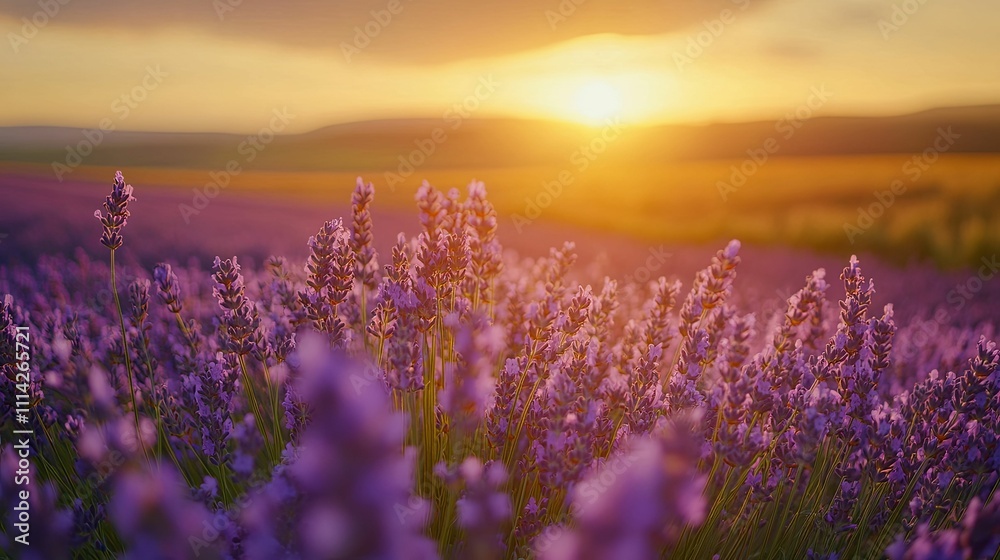 Naklejka premium Lavender Field Sunset Golden Hour Beauty