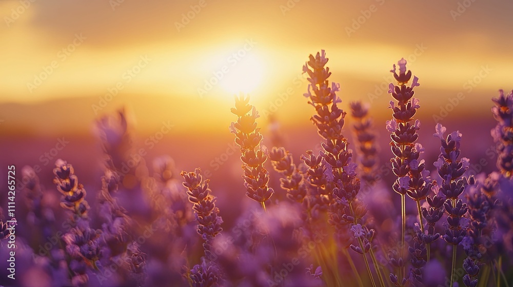 Naklejka premium Lavender Flowers Illuminated by Golden Sunset Light