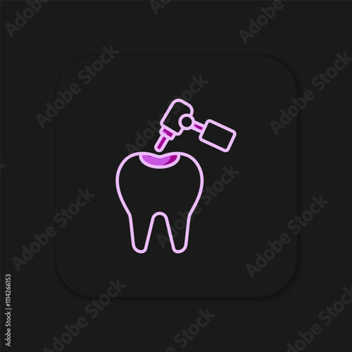 Filled outline Tooth with caries and tooth drill icon isolated on black background. Tooth decay. Flat filled outline style with shadow. Vector