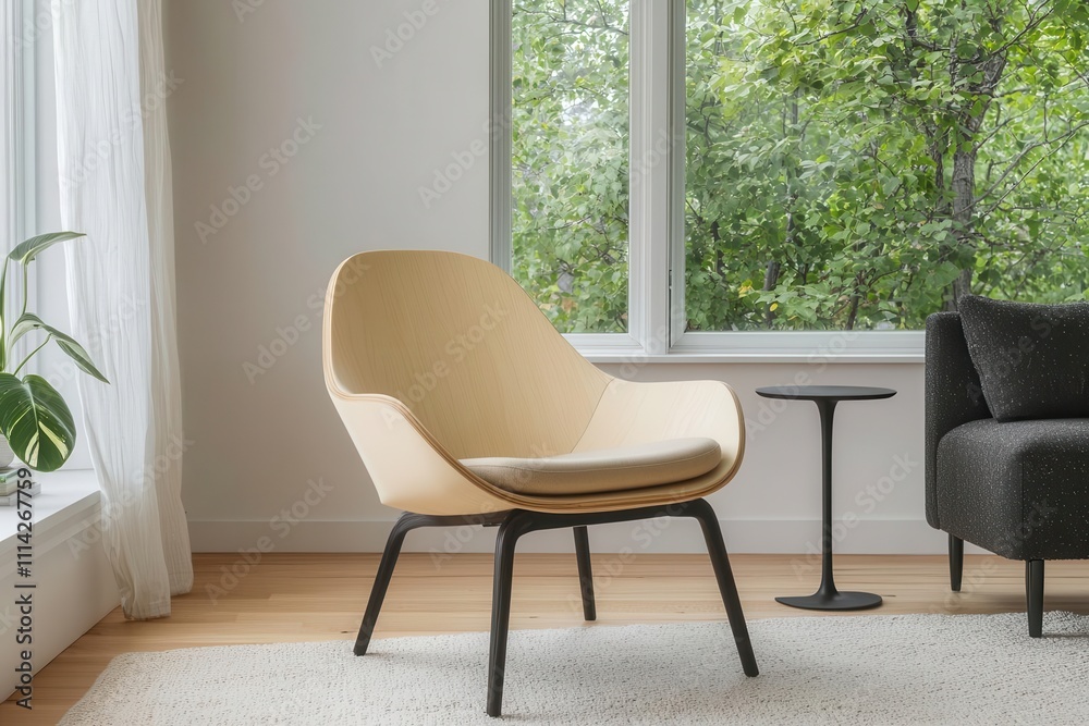 Fototapeta premium A stylish, modern chair positioned beside a small table, with large windows showcasing a lush green view outside.