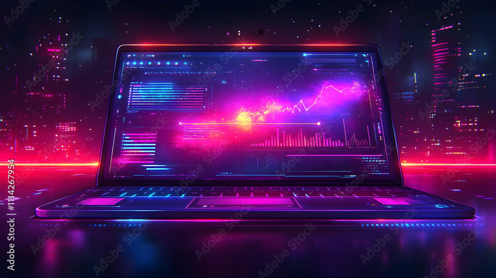 Neon-lit laptop displays financial graph, city backdrop.