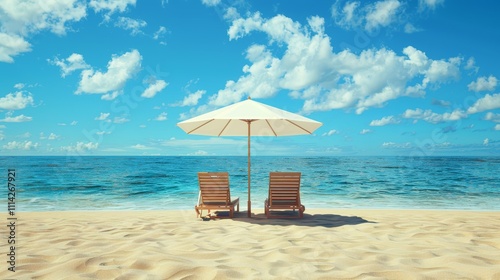 A serene beach view featuring two recliners under a large umbrella, perfect for relaxation or vacation themes, Ideal for travel blogs, promotional materials, or lifestyle websites, photo