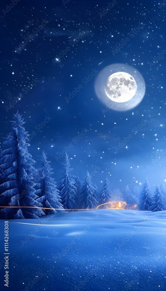 Naklejka premium Midnight Magic Christmas Wallpaper Featuring a Dark Snowy Landscape, Glowing Full Moon, Frosty Trees, and a Starlit Navy-Blue Sky with Santa’s Sleigh Trail and Glittered Snow