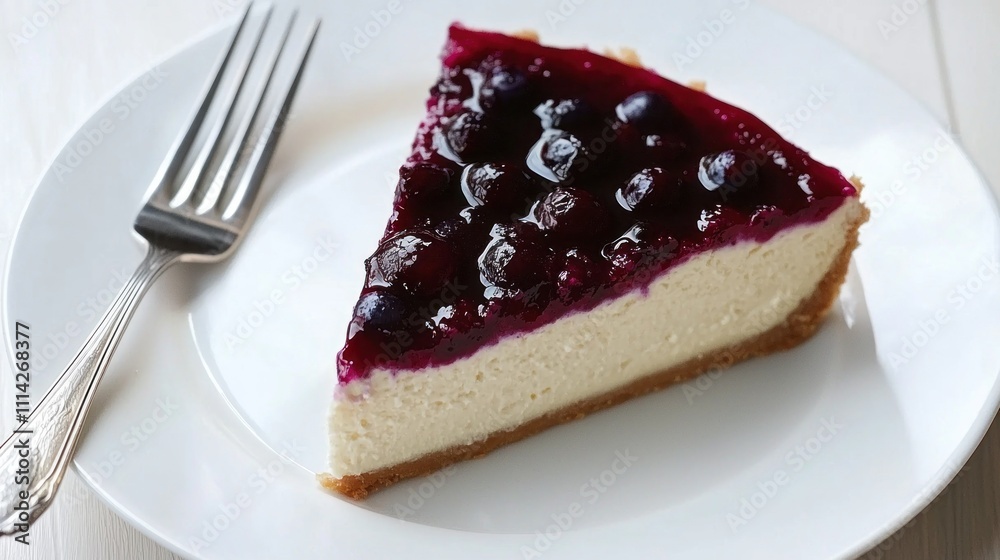 A creamy vanilla cheesecake with a rich blueberry topping, served on a white ceramic plate with a silver fork beside it. A creamy vanilla cheesecake with a rich blueberry topping, served on a white ceramic plate with a silver fork beside it.