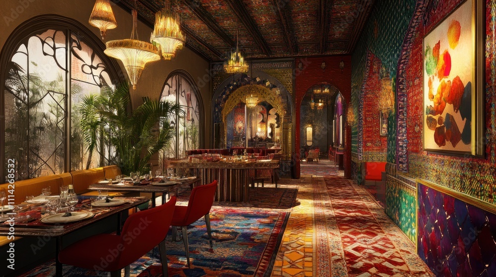 Obraz premium Luxurious interior design with vibrant rugs, ornate chandeliers, and arched doorways.
