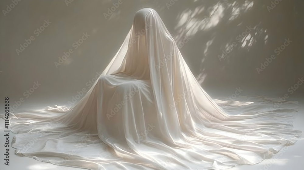 Figure draped in flowing white fabric, seated in soft light. Figure draped in flowing white fabric, seated in soft light.