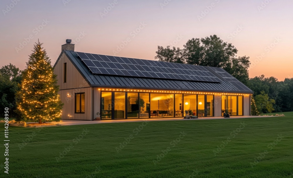 Minimalist Modern House with Solar Panels and Christmas Tree at Dusk. Green Grass and Trees in the Background. Minimalist Modern House with Solar Panels and Christmas Tree at Dusk. Green Grass and Trees in the Background.