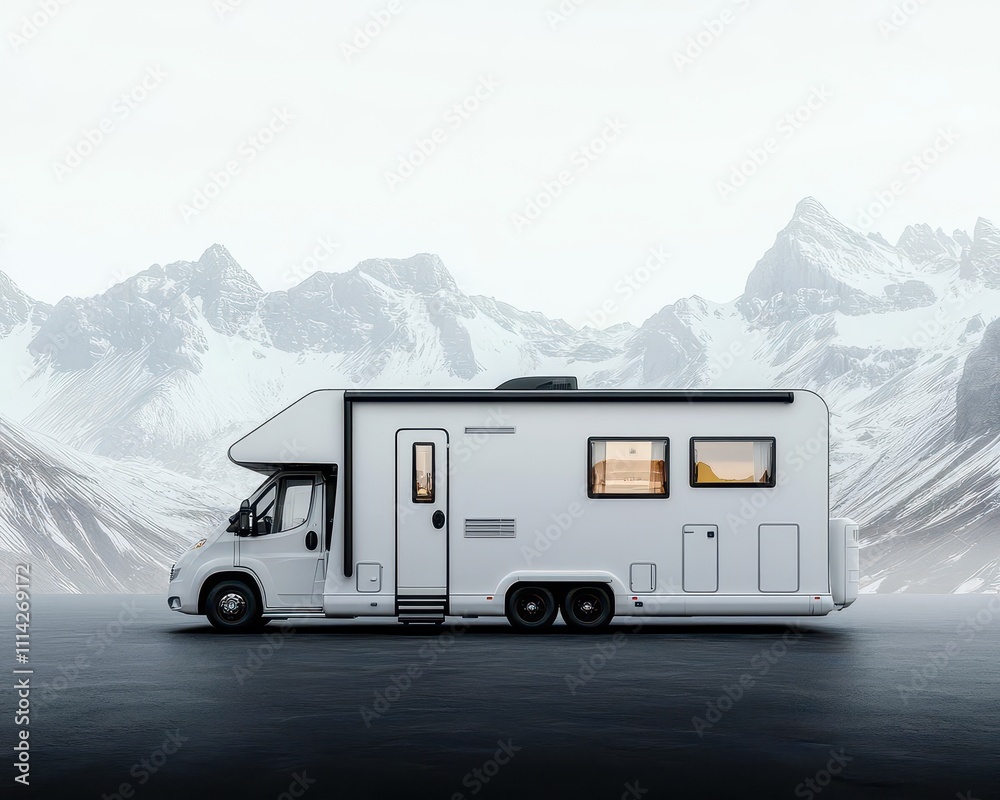 Modern RV with a flatroof design and large, frameless windows for a sleek look Modern RV with a flatroof design and large, frameless windows for a sleek look