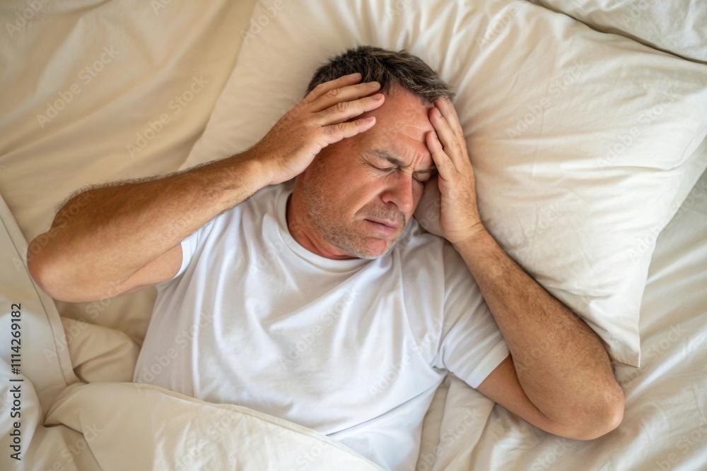Middle-Aged Man in Bed Holding Head in Pain with a Headache Middle-Aged Man in Bed Holding Head in Pain with a Headache