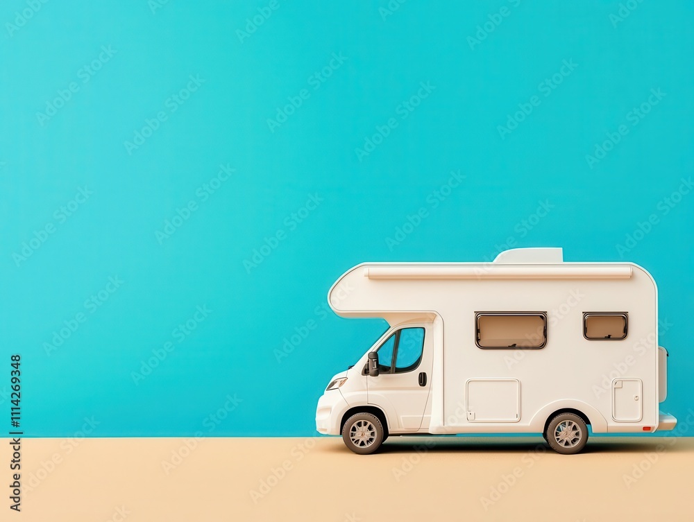 Minimal RV camper with a flat white roof and retractable awning, blending into a beach scene Minimal RV camper with a flat white roof and retractable awning, blending into a beach scene