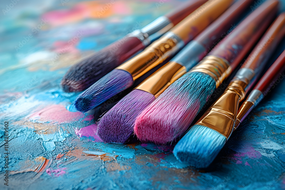 Fototapeta premium Close-up of paintbrushes with colorful paint on a palette.