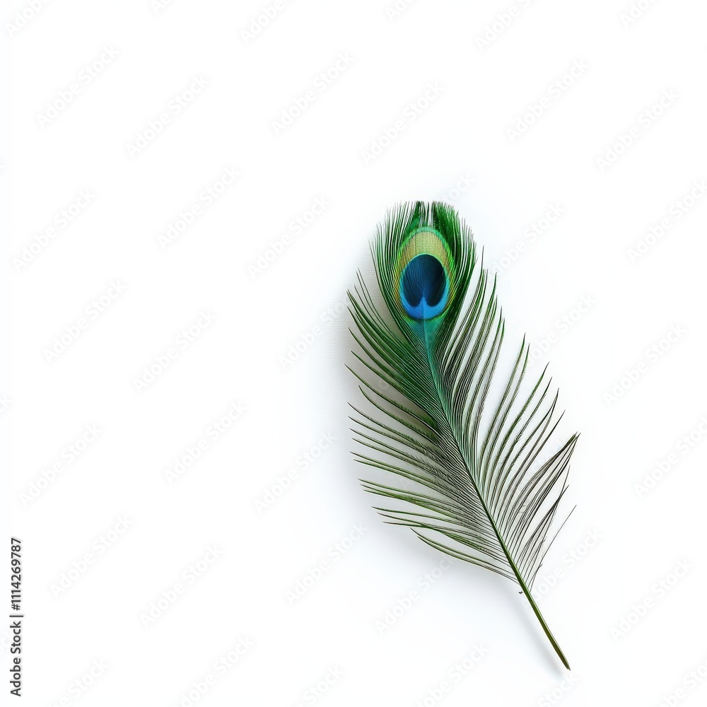 Obraz premium A fallen feather from a peacock, isolated with fine details on a white background