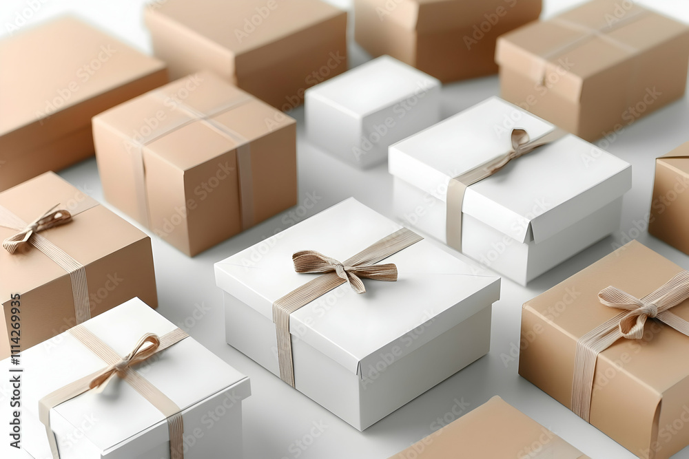 Fototapeta premium Assorted gift boxes in kraft and white, tied with twine.