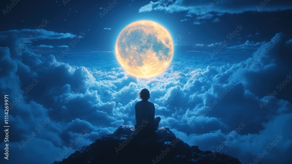Person silhouetted against a giant moon and clouds. Person silhouetted against a giant moon and clouds.