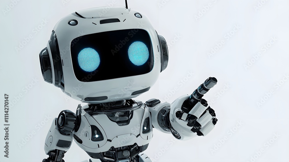 Adorable White Robot with LED Eyes and Smiling Face Pointing to Bottom-Right, Solid Soft Gray Background for Modern AI-Themed Visuals Adorable White Robot with LED Eyes and Smiling Face Pointing to Bottom-Right, Solid Soft Gray Background for Modern AI-Themed Visuals