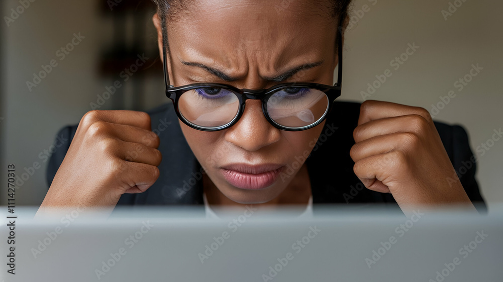 A close-up shot of an unhappy and irritated African American woman using a laptop. She is looking at the screen and appears to be having a problem with her broken computer, crash, or data loss. A close-up shot of an unhappy and irritated African American woman using a laptop. She is looking at the screen and appears to be having a problem with her broken computer, crash, or data loss.