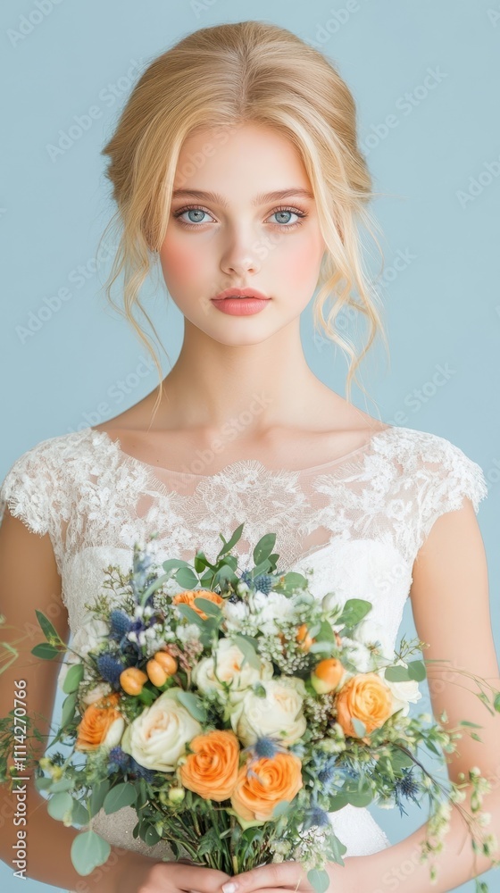 Bride in a sleek office suit holding a wedding bouquet, blending elegance and professionalism Bride in a sleek office suit holding a wedding bouquet, blending elegance and professionalism