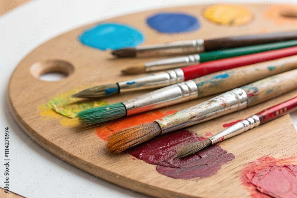 Obraz premium Artistic paintbrushes resting on a wooden palette with vibrant color swatches