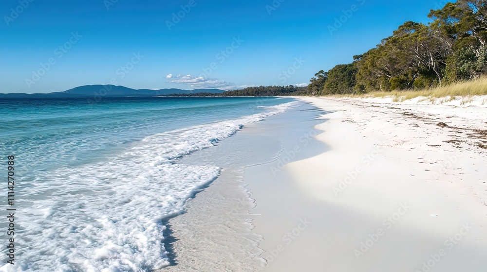 Pristine white sand beach with turquoise water, gentle waves, and lush green trees under a clear blue sky. Pristine white sand beach with turquoise water, gentle waves, and lush green trees under a clear blue sky.