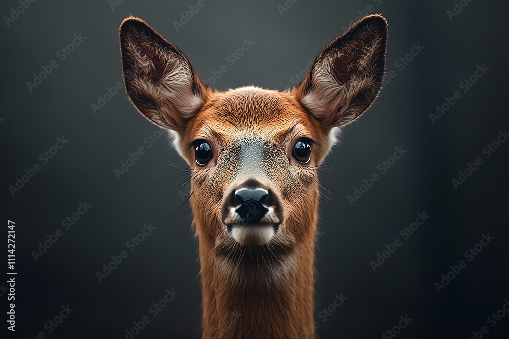 A close-up image of a deer, showcasing its expressive eyes and distinct features against a dark background. A close-up image of a deer, showcasing its expressive eyes and distinct features against a dark background.