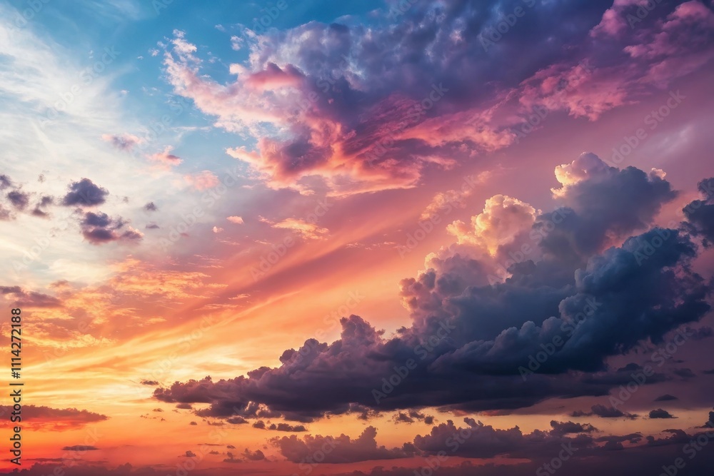 Obraz premium A breathtaking panorama of vibrant sunset cloudscapes, showcasing an array of colors and textures in the evening sky