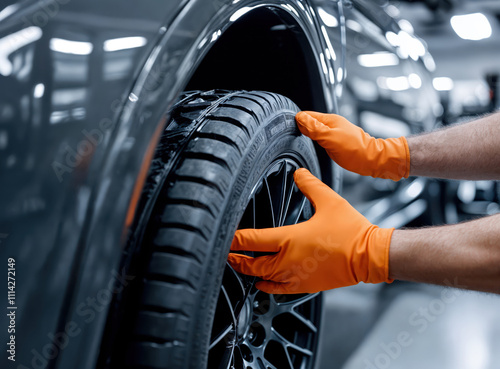Mechanic installing new tire on car wheel in auto repair shop