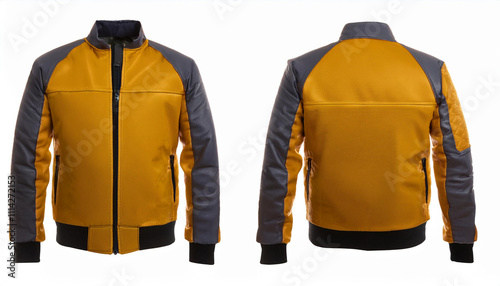 Men s Mustard Yellow Gray Leather Jacket Front Back View Fashion Apparel