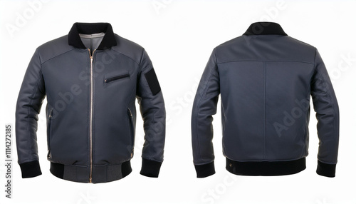 Men s Gray Leather Bomber Jacket Front and Back Views Fashion Apparel