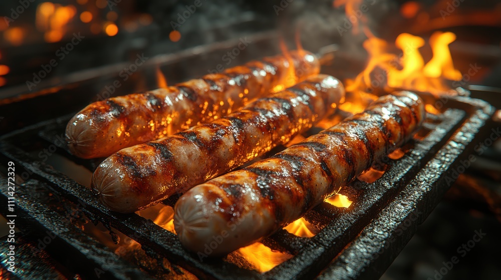 Juicy sausages grilling on open flames, char marks visible, with smoke and embers rising in a vibrant outdoor barbecue setting, showcasing the essence of outdoor cooking. Juicy sausages grilling on open flames, char marks visible, with smoke and embers rising in a vibrant outdoor barbecue setting, showcasing the essence of outdoor cooking.