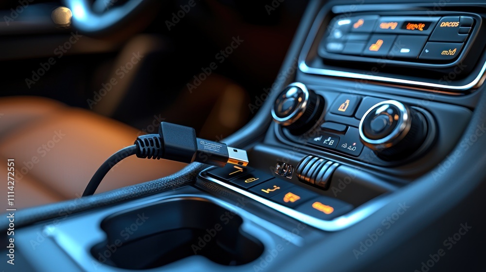 USB Cable Connected to Modern Car Console USB Cable Connected to Modern Car Console