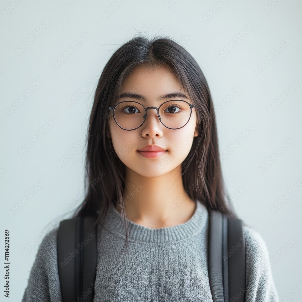 Portrait of a Young Asian Woman Wearing Glasses and a Backpack A Calm and Serene Atmosphere Portrait of a Young Asian Woman Wearing Glasses and a Backpack A Calm and Serene Atmosphere