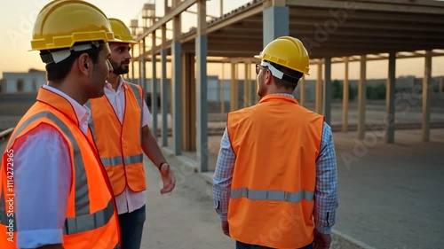 Construction workers wearing yellow safety hardhats and high visibility vests on a construction site