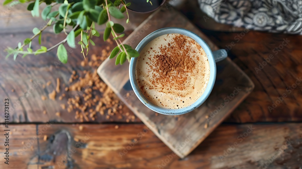 A calm powdered herbal latte is served on a simple oak table with a splash of luscious froze milk A calm powdered herbal latte is served on a simple oak table with a splash of luscious froze milk